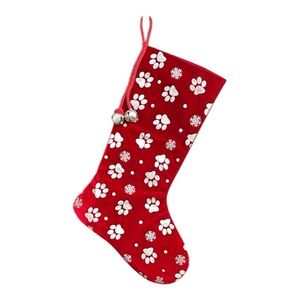 Loving Kindness Pet Stocking Red with Silver Paw Prints and Snowflakes